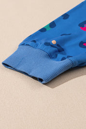 Himmelblå leopard sweatshirt med ribkant, drop shoulder pullover - Fran