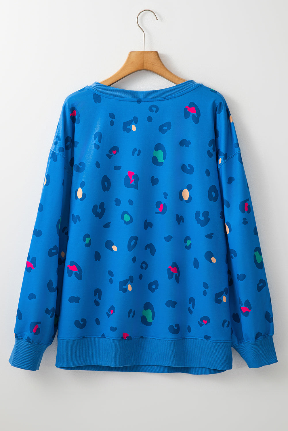 Himmelblå leopard sweatshirt med ribkant, drop shoulder pullover - Fran