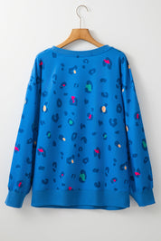 Himmelblå leopard sweatshirt med ribkant, drop shoulder pullover - Fran