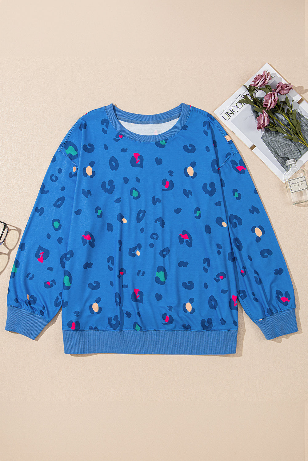 Himmelblå leopard sweatshirt med ribkant, drop shoulder pullover - Fran