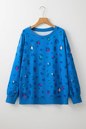 Himmelblå leopard sweatshirt med ribkant, drop shoulder pullover - Fran