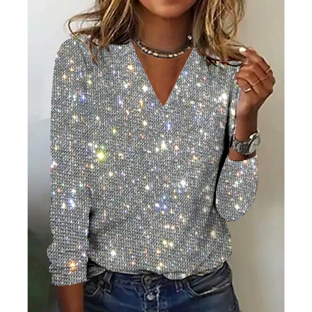 Kvinders Metallic Disco Glitter Print V-hals Top - Rikke
