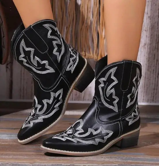Broderede PU Læder Højhælede Cowboystøvler til Kvinder | Forårs Kollektion - Karinine