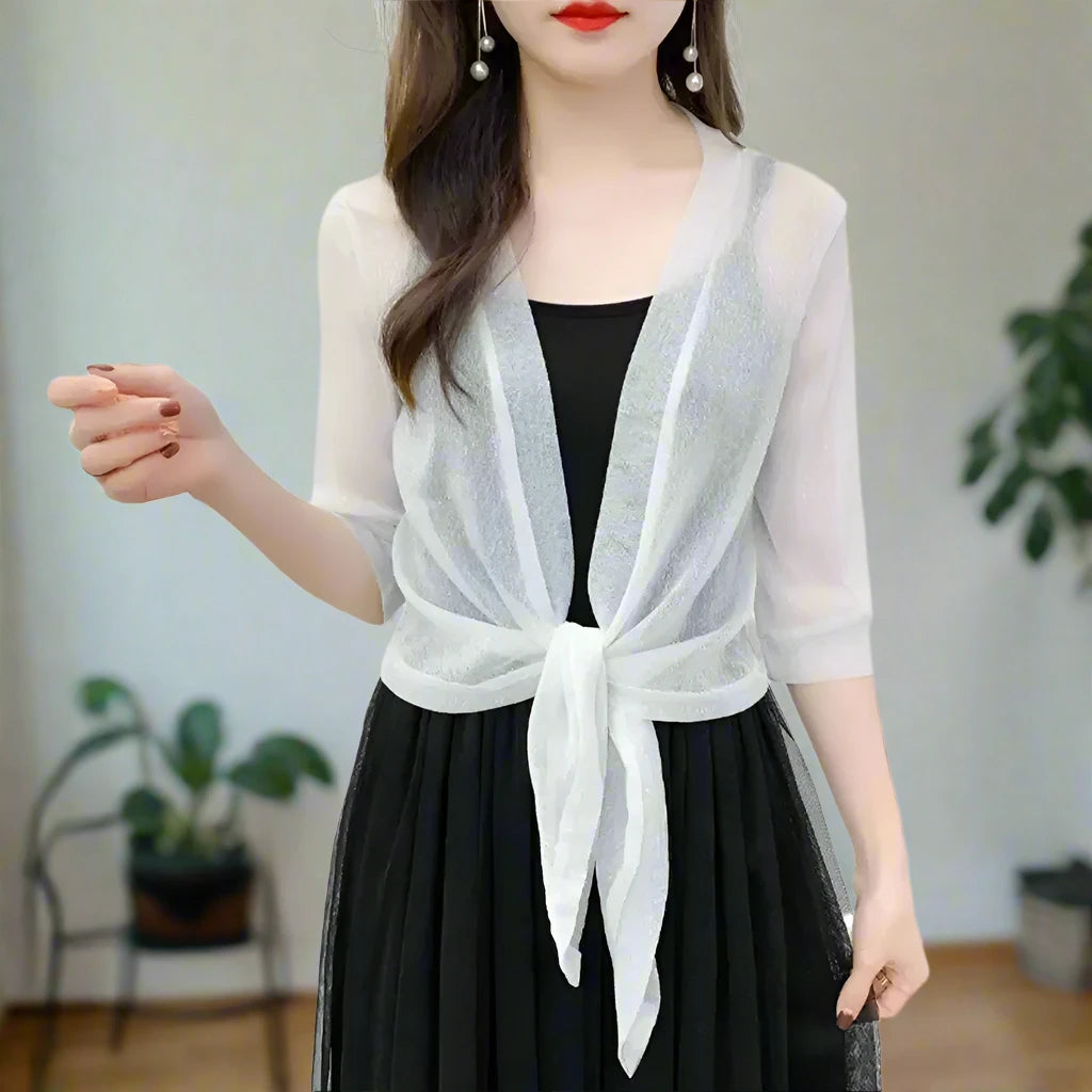 Kvinders sheer glitter cardigan halværmet snørebånd til nytårsaftener - Katherine