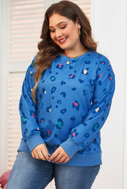 Himmelblå leopard sweatshirt med ribkant, drop shoulder pullover - Fran