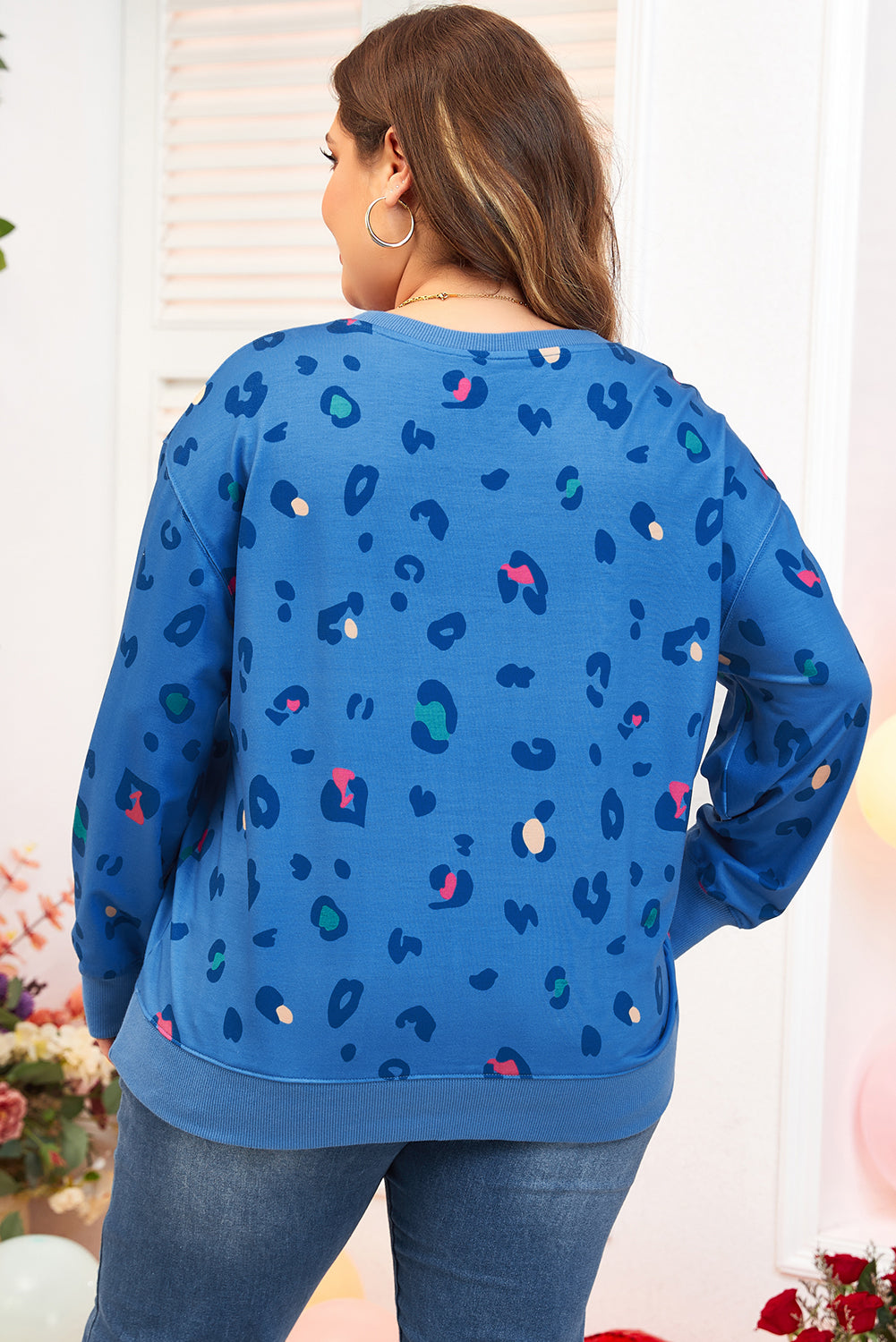 Himmelblå leopard sweatshirt med ribkant, drop shoulder pullover - Fran