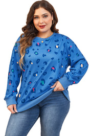 Himmelblå leopard sweatshirt med ribkant, drop shoulder pullover - Fran