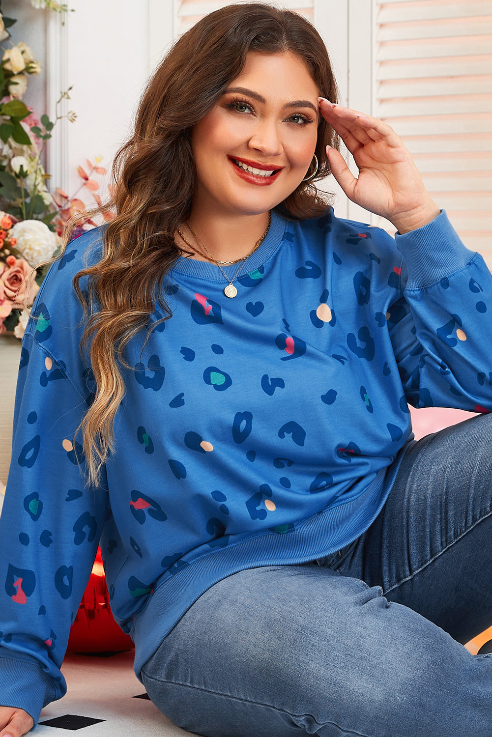 Himmelblå leopard sweatshirt med ribkant, drop shoulder pullover - Fran