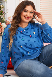 Himmelblå leopard sweatshirt med ribkant, drop shoulder pullover - Fran