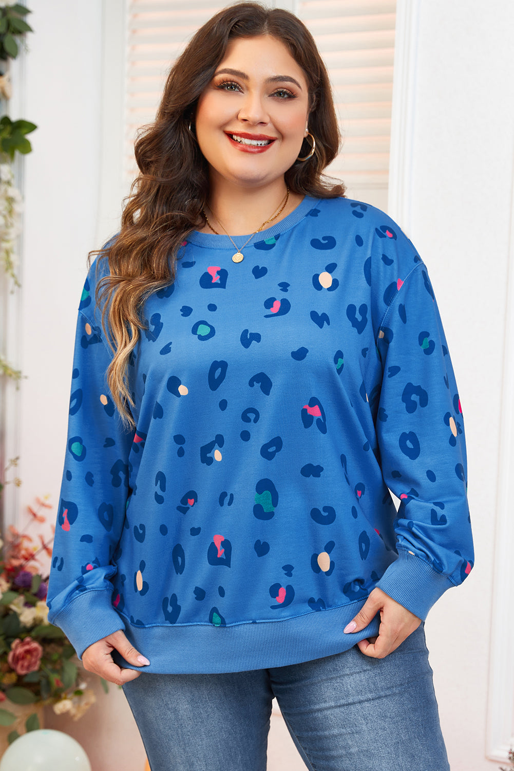 Himmelblå leopard sweatshirt med ribkant, drop shoulder pullover - Fran
