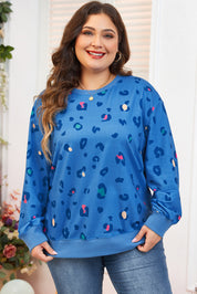 Himmelblå leopard sweatshirt med ribkant, drop shoulder pullover - Fran