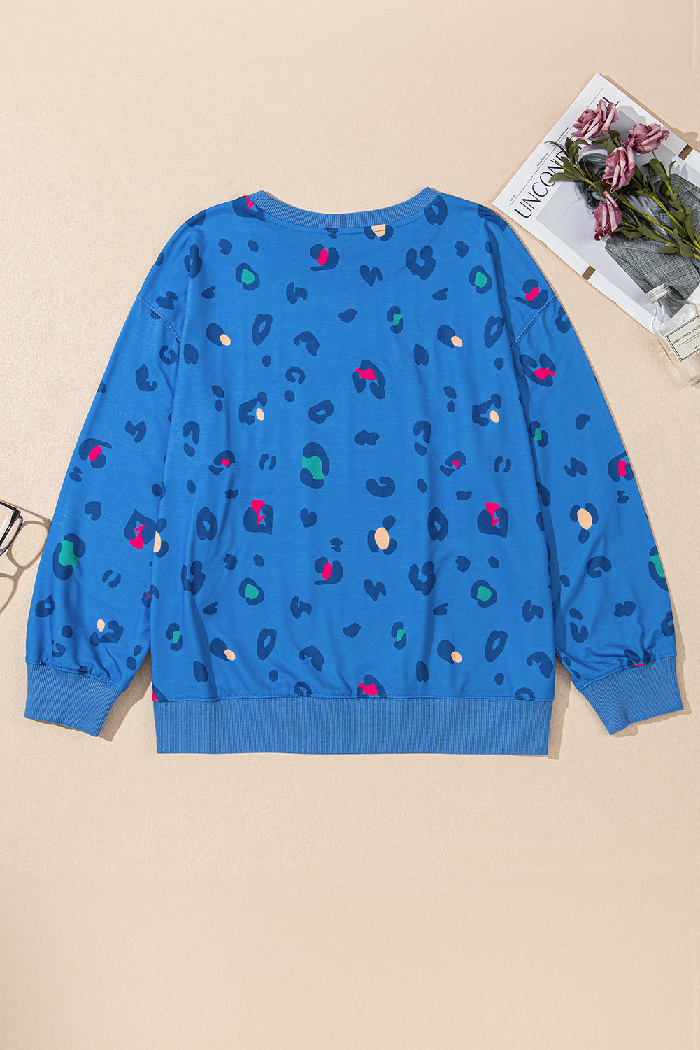 Himmelblå leopard sweatshirt med ribkant, drop shoulder pullover - Fran