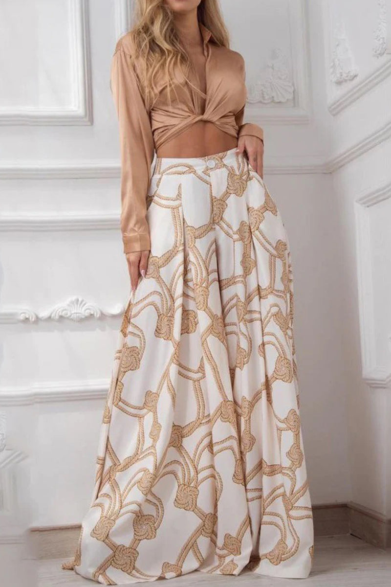 Knyttet langærmet cropped top og bukser med brede ben - To stykke sæt - Torpena