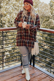 Ildrød plus size plaid kængurulomme hættetrøje med snøre - Mehva