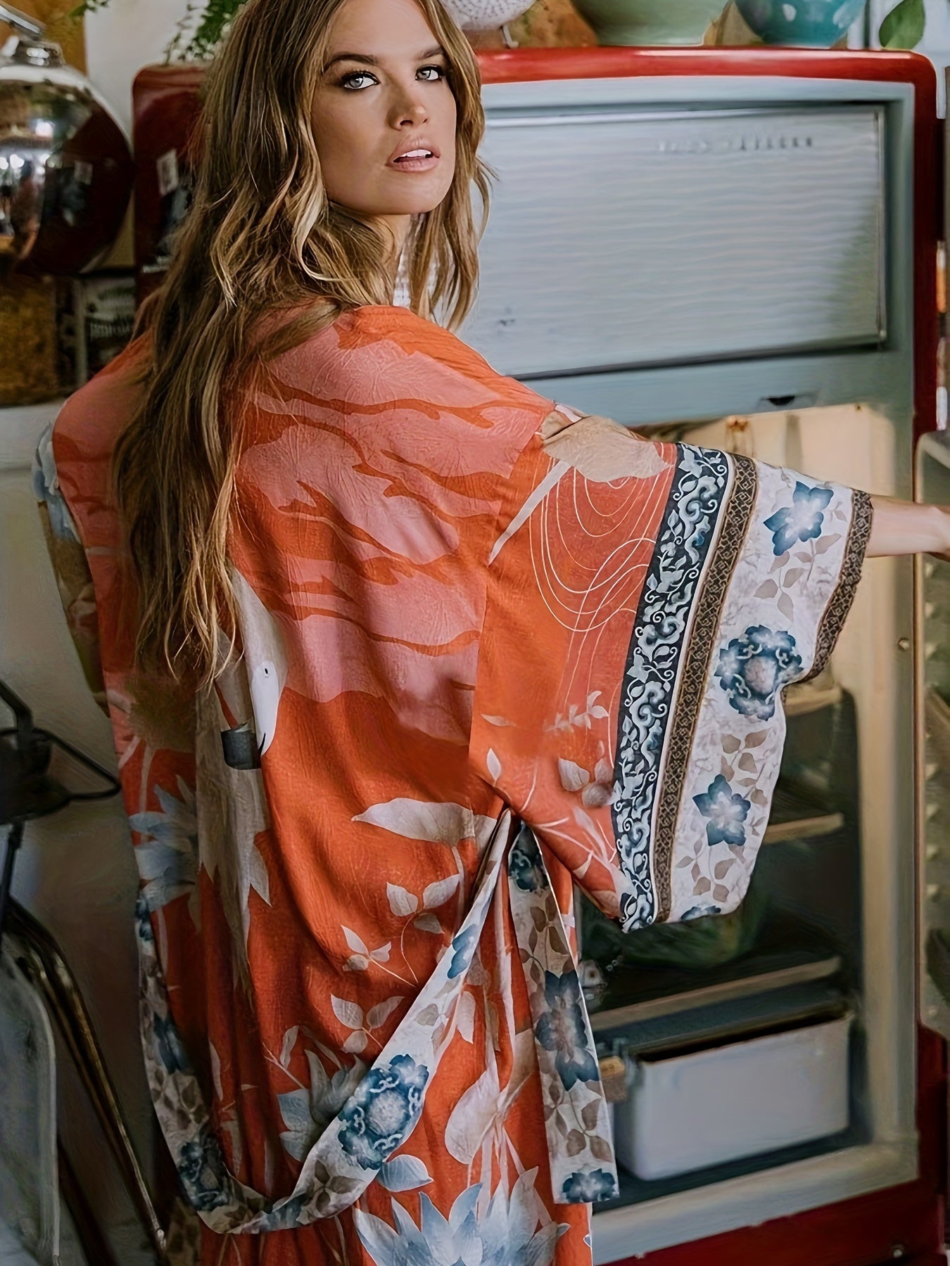 Kimono Inspireret Stilfuldt Strandkast med Tryk | Forårskollektion til Kvinder - Treesha