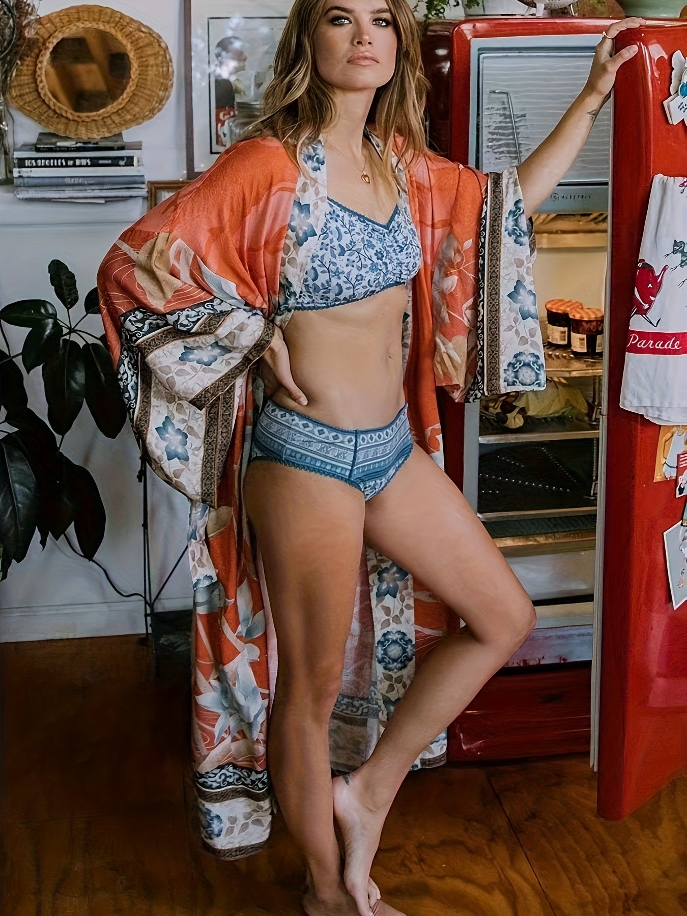 Kimono Inspireret Stilfuldt Strandkast med Tryk | Forårskollektion til Kvinder - Treesha
