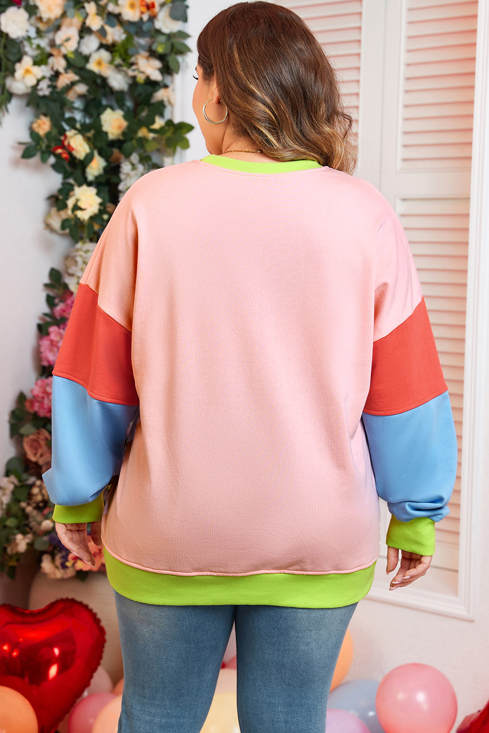 Lys pink plus size colorblock patchwork sweater med rund hals - Salma