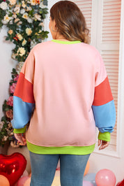 Lys pink plus size colorblock patchwork sweater med rund hals - Salma