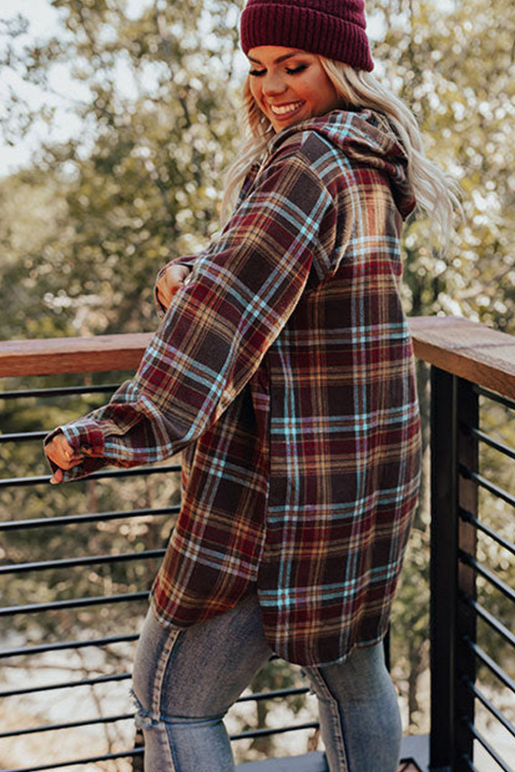 Ildrød plus size plaid kængurulomme hættetrøje med snøre - Mehva