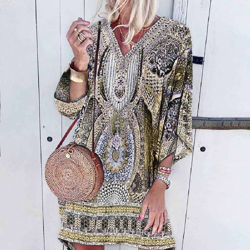 Bohemian Retro Printet V-Hals Midikjole til Kvinder | Forårs- og Sommerkollektion 2025 - Kariana