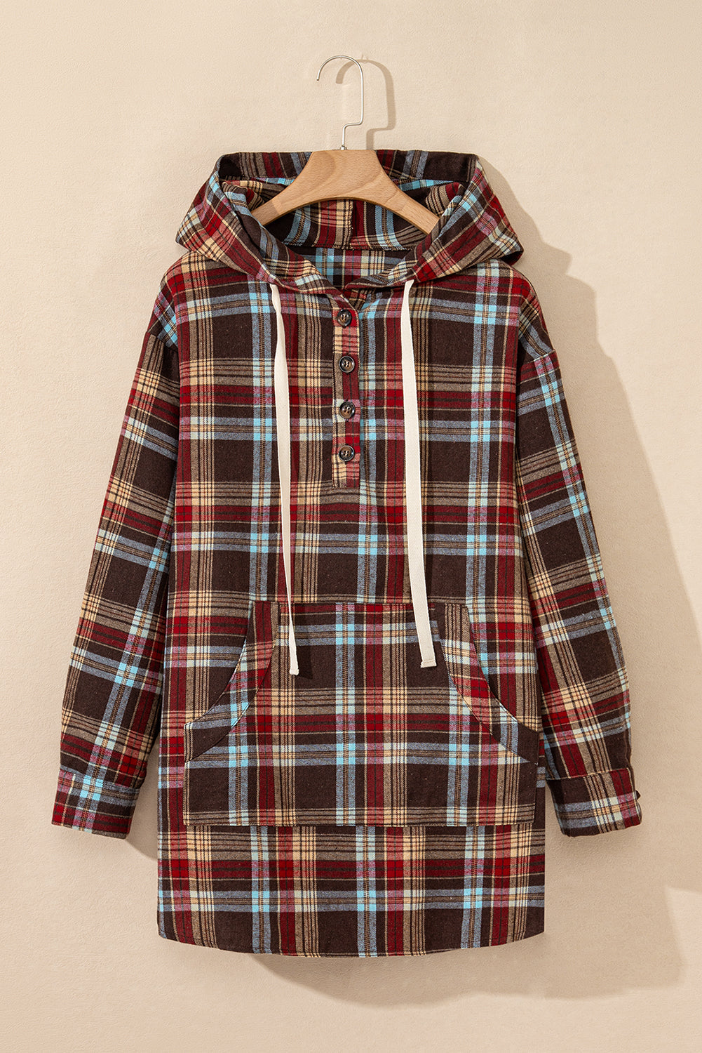Ildrød plus size plaid kængurulomme hættetrøje med snøre - Mehva