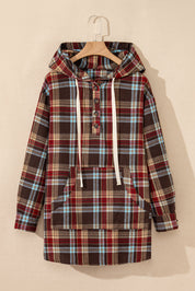 Ildrød plus size plaid kængurulomme hættetrøje med snøre - Mehva
