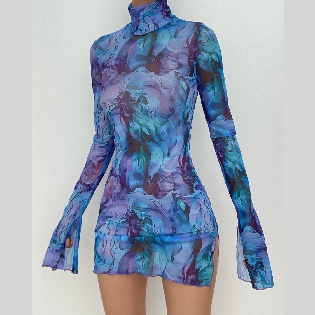 Elegant mesh kjole med rullekrave og slids - Gerda