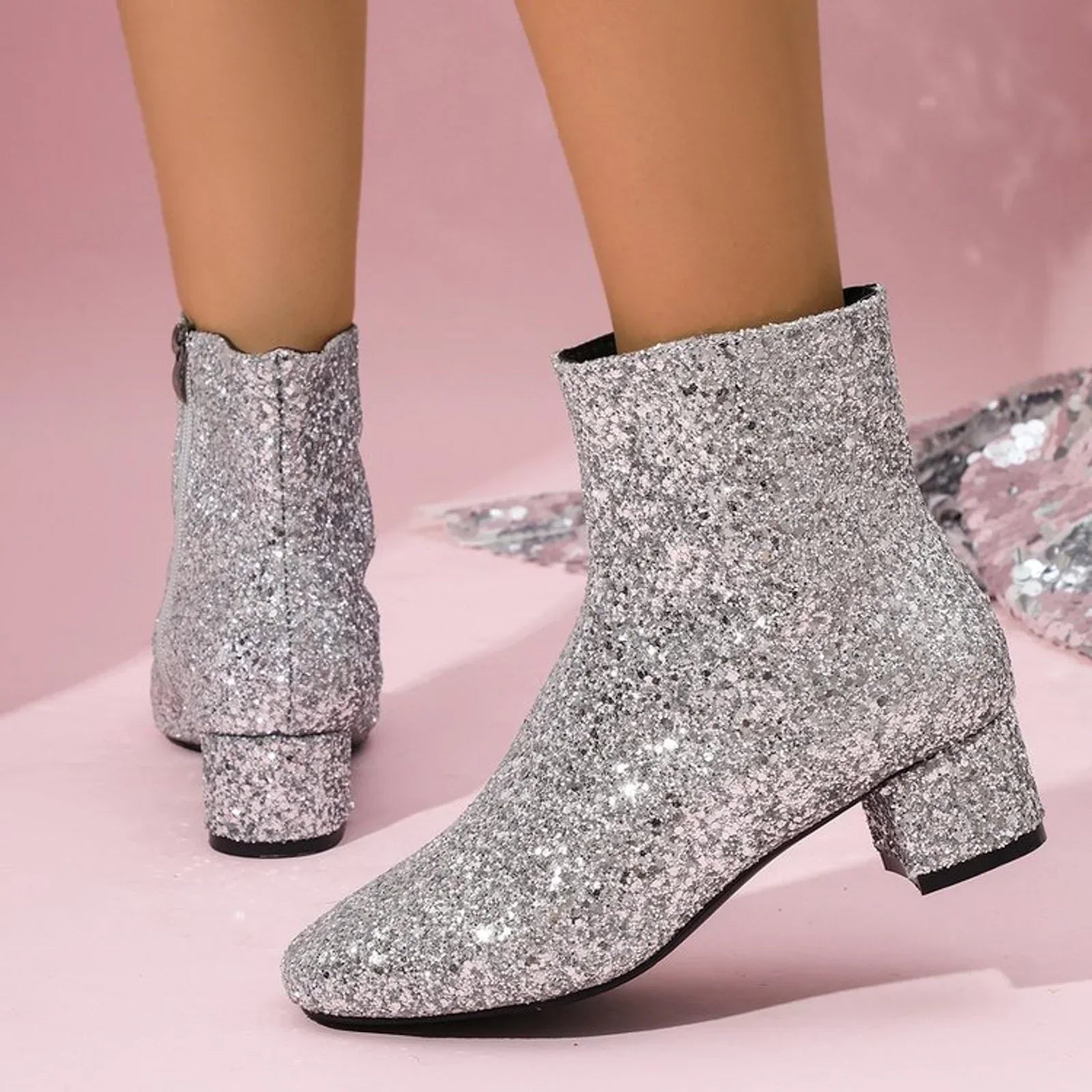 Glitter Dameankelstøvler med Blokhæl | Forår 2025 Kollektion - Glendia