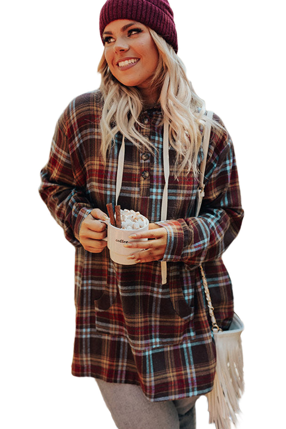 Ildrød plus size plaid kængurulomme hættetrøje med snøre - Mehva