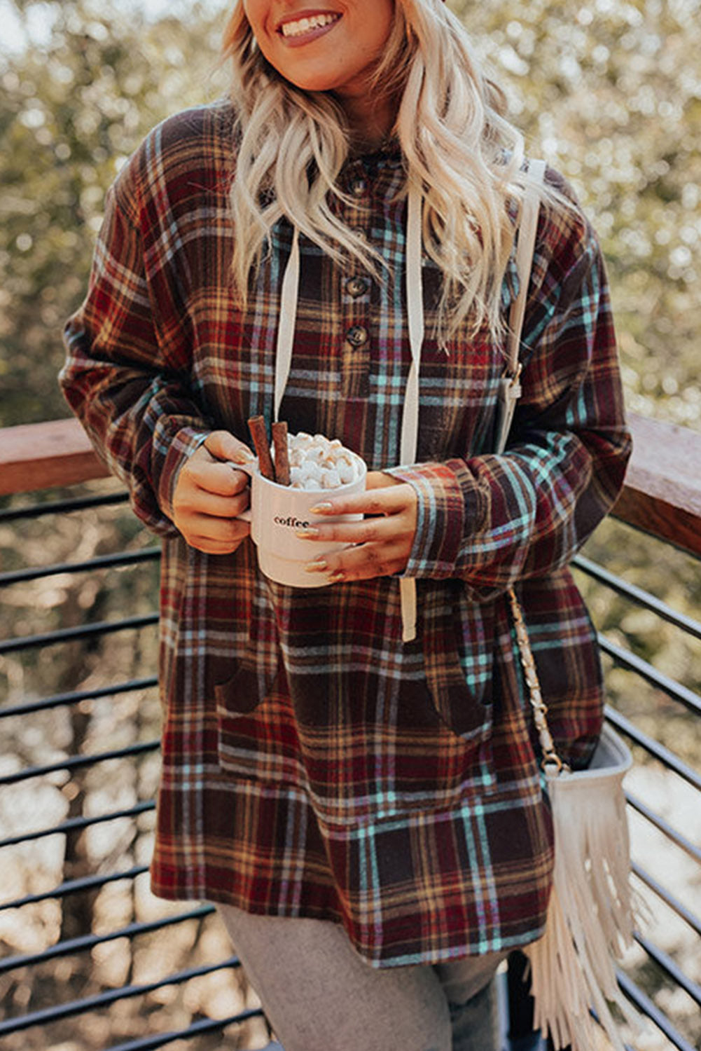 Ildrød plus size plaid kængurulomme hættetrøje med snøre - Mehva
