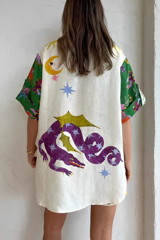 Reese - Bluse og shorts i hørblanding med unikt print og elastik i taljen