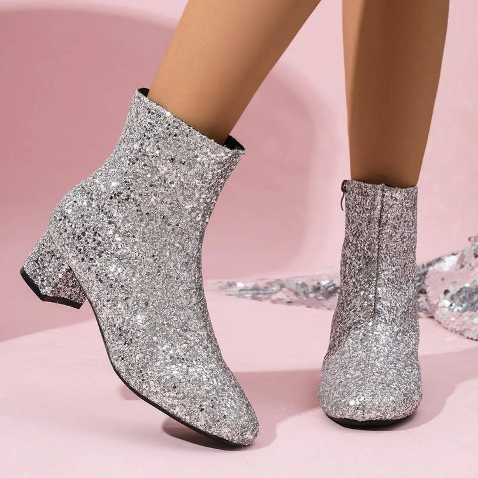 Glitter Dameankelstøvler med Blokhæl | Forår 2025 Kollektion - Glendia
