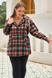 Ildrød plus size plaid kængurulomme hættetrøje med snøre - Mehva