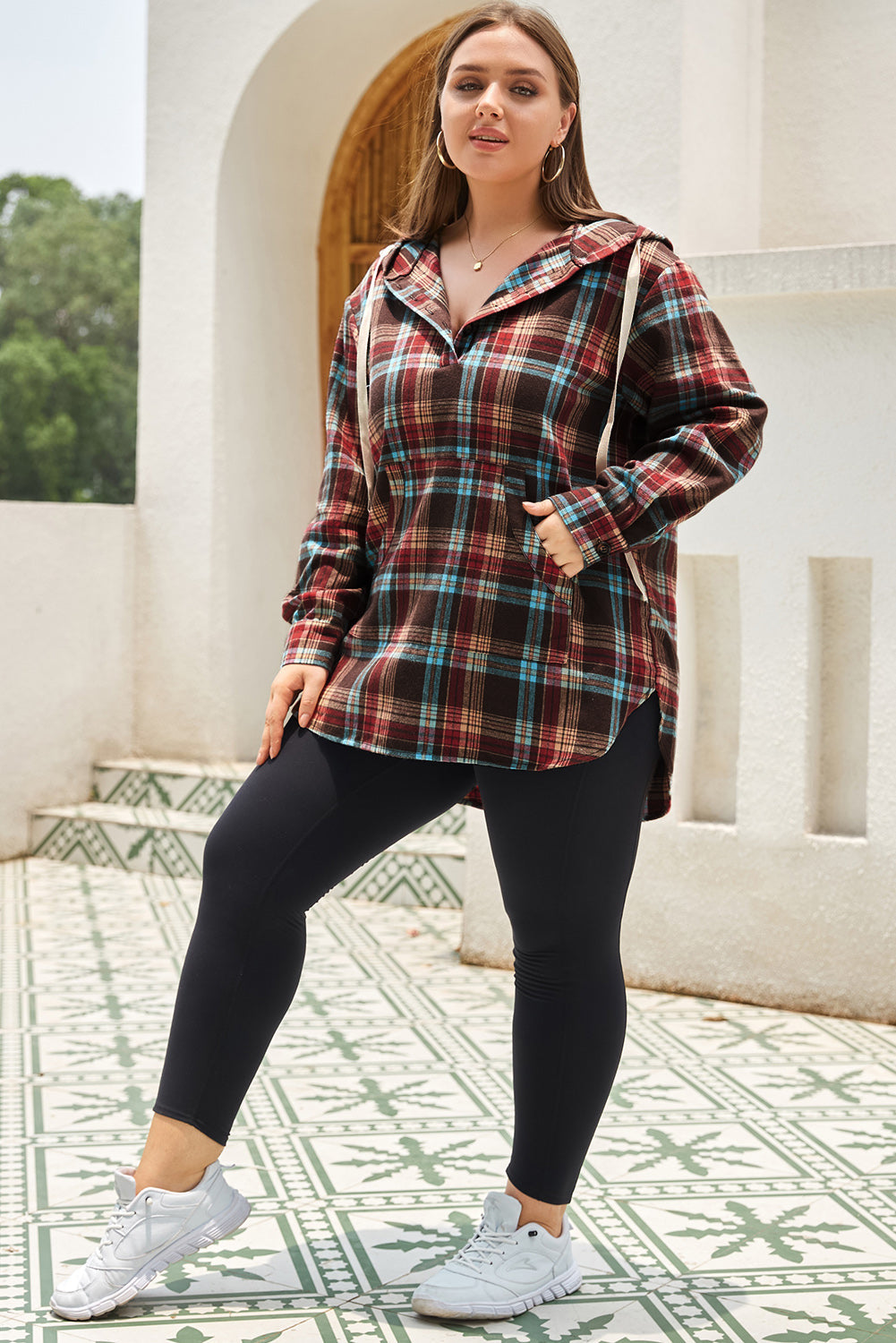 Ildrød plus size plaid kængurulomme hættetrøje med snøre - Mehva