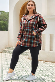 Ildrød plus size plaid kængurulomme hættetrøje med snøre - Mehva