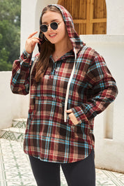 Ildrød plus size plaid kængurulomme hættetrøje med snøre - Mehva