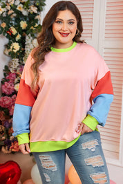 Lys pink plus size colorblock patchwork sweater med rund hals - Salma