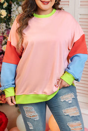 Lys pink plus size colorblock patchwork sweater med rund hals - Salma
