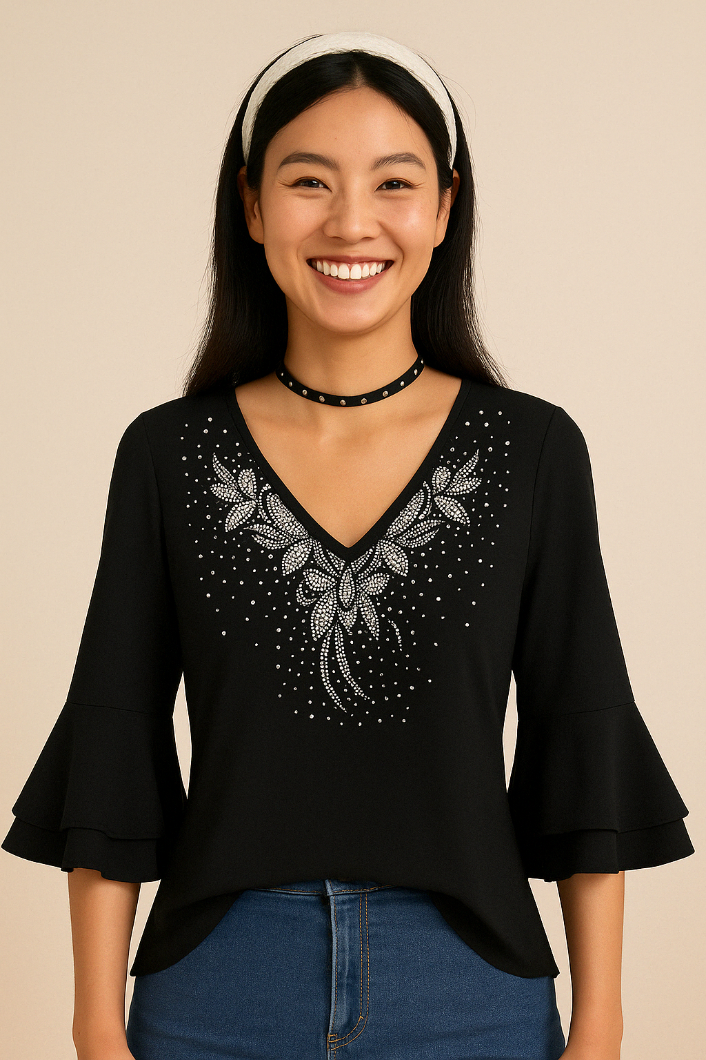 Blomstret Jacquard bluse med V-hals og gennemsigtige split-klokkeærmer - Ivona