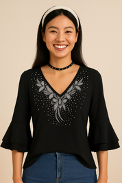 Blomstret Jacquard bluse med V-hals og gennemsigtige split-klokkeærmer - Ivona
