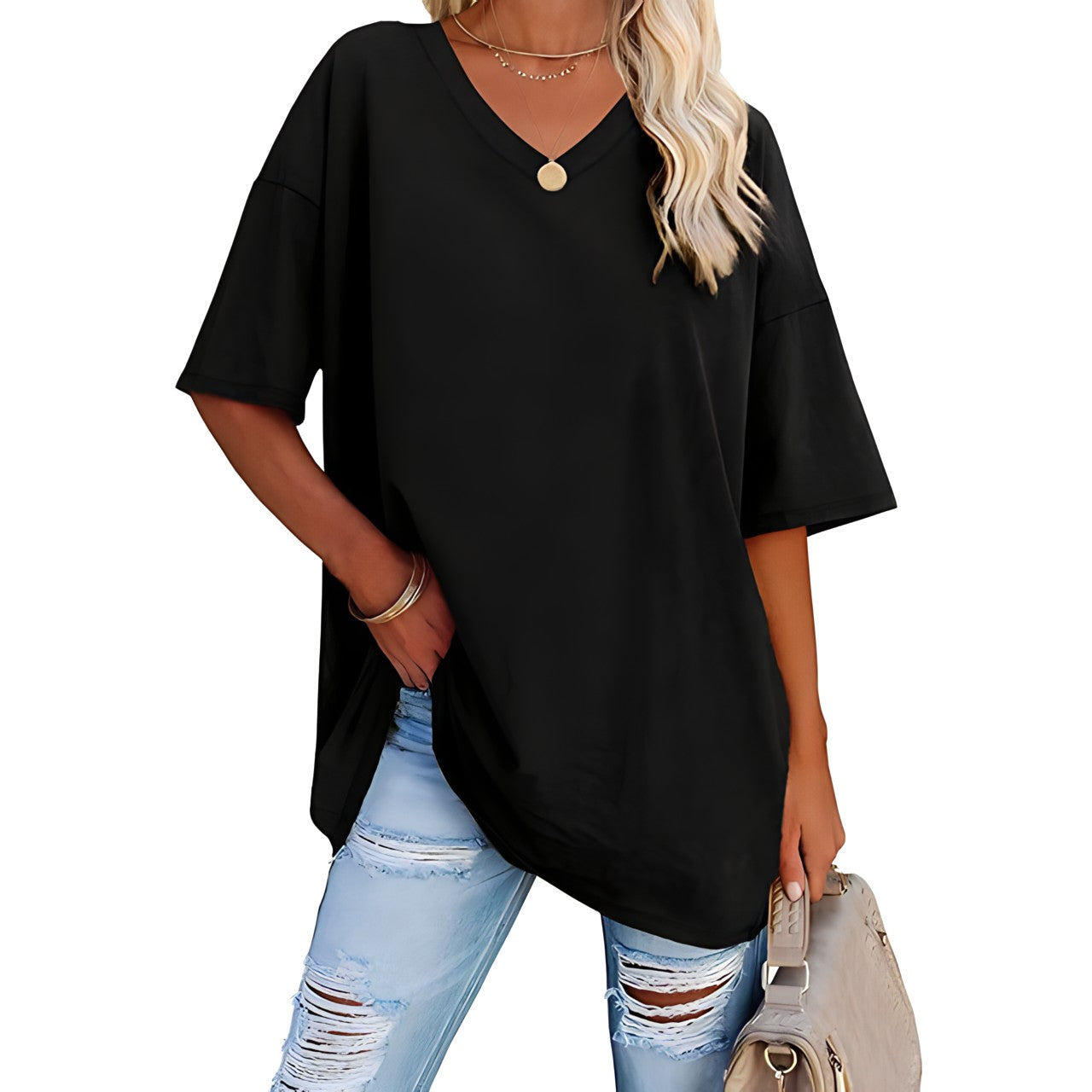 Løs T-shirt med V-hals til kvinder - Raniela