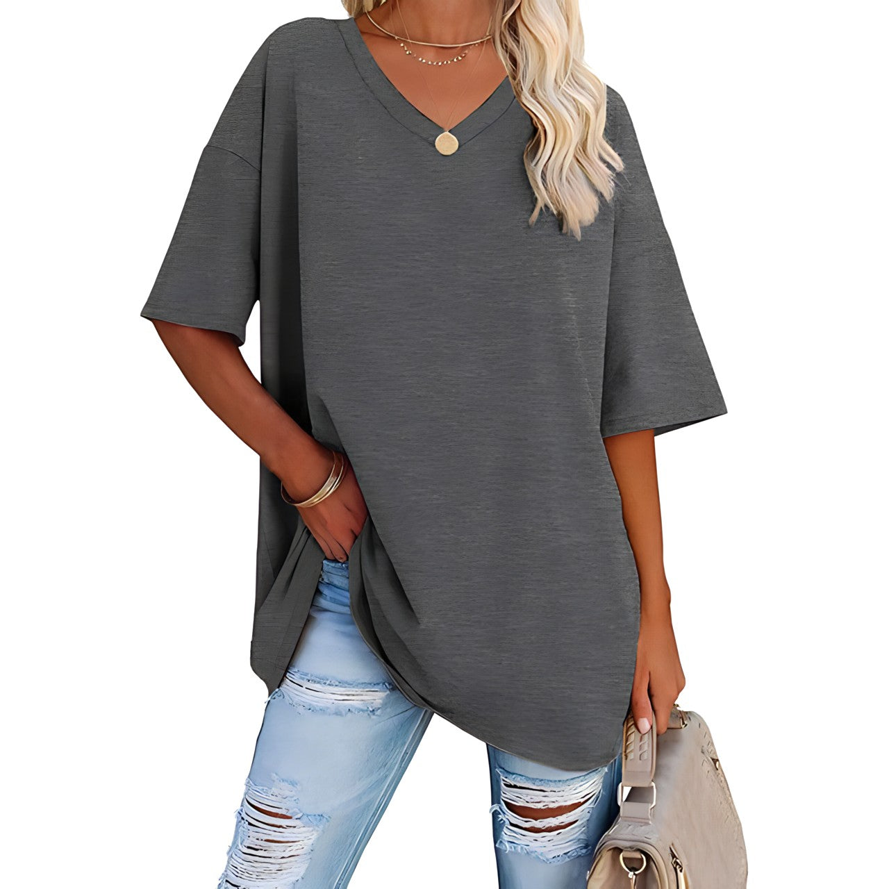 Løs T-shirt med V-hals til kvinder - Raniela