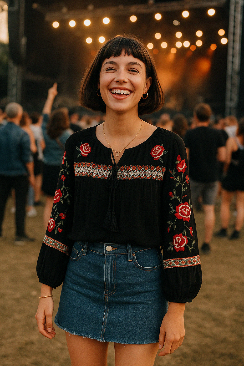 Boho broderet bluse med ballonærmer og kvast bindeudskæring - Werono
