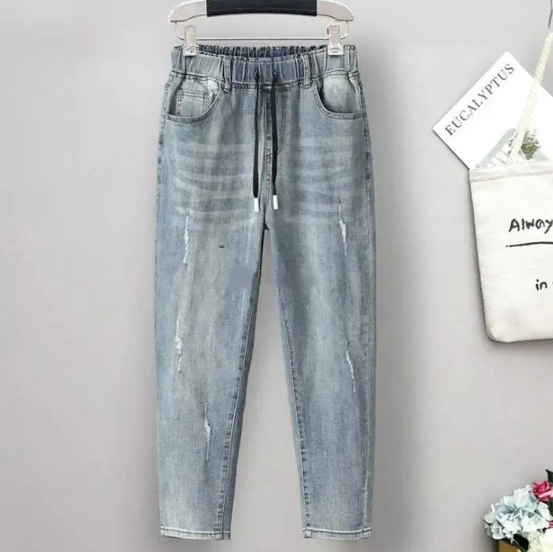 Baggy jeans med elastik og høj talje i plus size - Esales