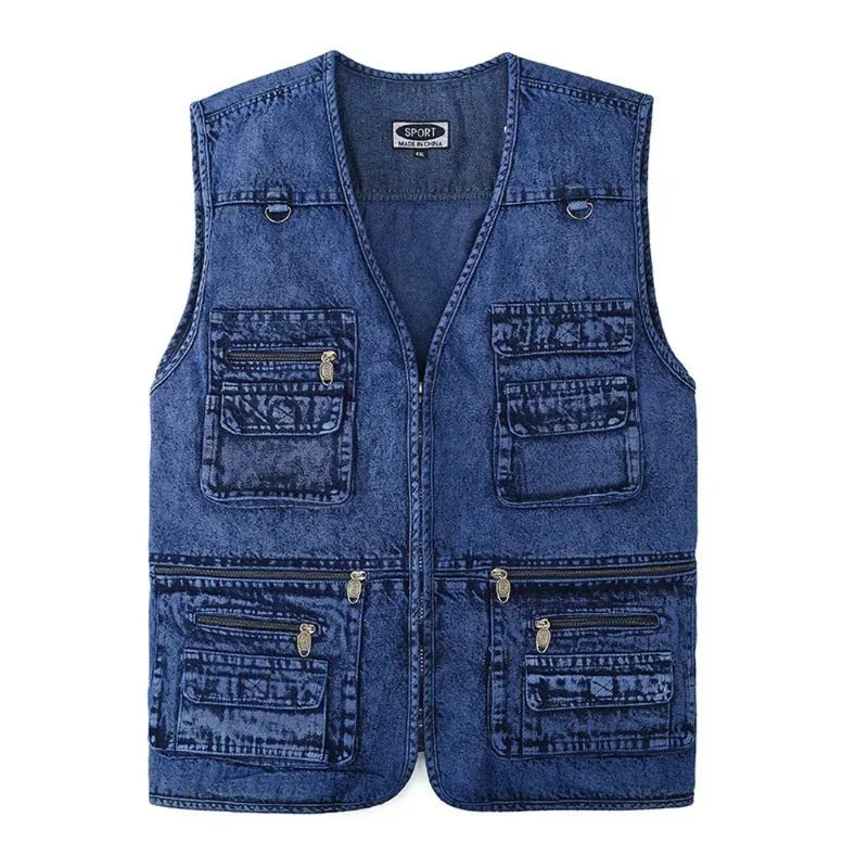 Ærmeløs denimvest med flere lommer til mænd - Kellez