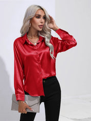 Elegant Satinbluse med V-udskæring og Lange ærmer | Dame Business look - Luzmey