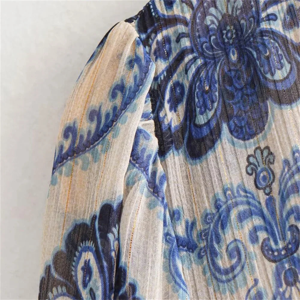 Sommer print Langærmet Satin Kjole - Melya