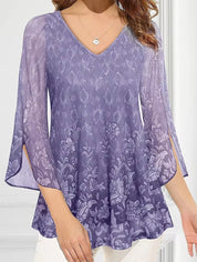 Blomstret Jacquard bluse med V-hals og gennemsigtige split-klokkeærmer - Ivona