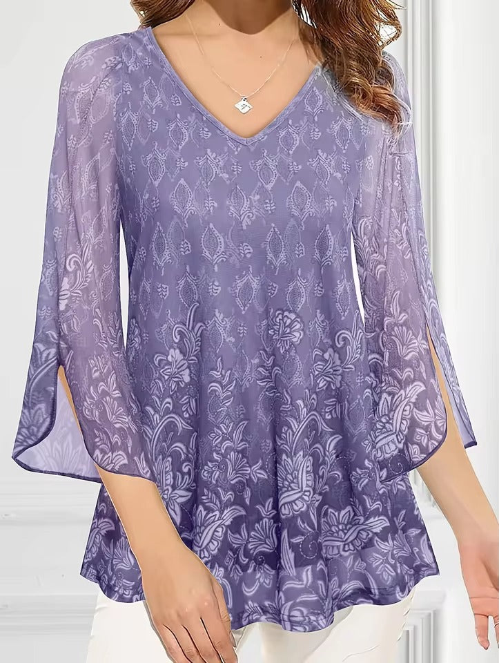 Blomstret Jacquard bluse med V-hals og gennemsigtige split-klokkeærmer - Ivona