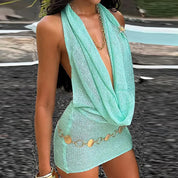 Glitrende Halterneck Kjole – Mini Strandkjole med Pailletter - Carolaz